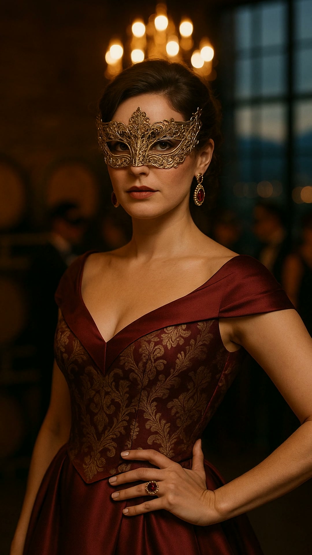 A woman in a burgundy brocade gown with a gold filigree mask