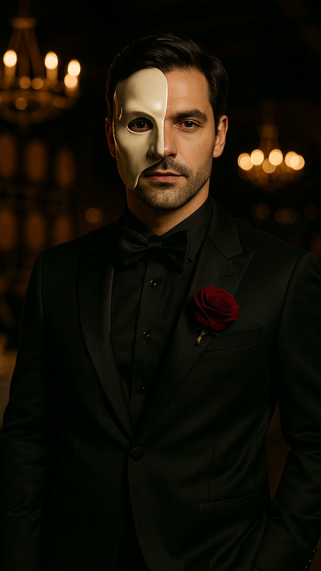 A man in a black tuxedo with a white half mask