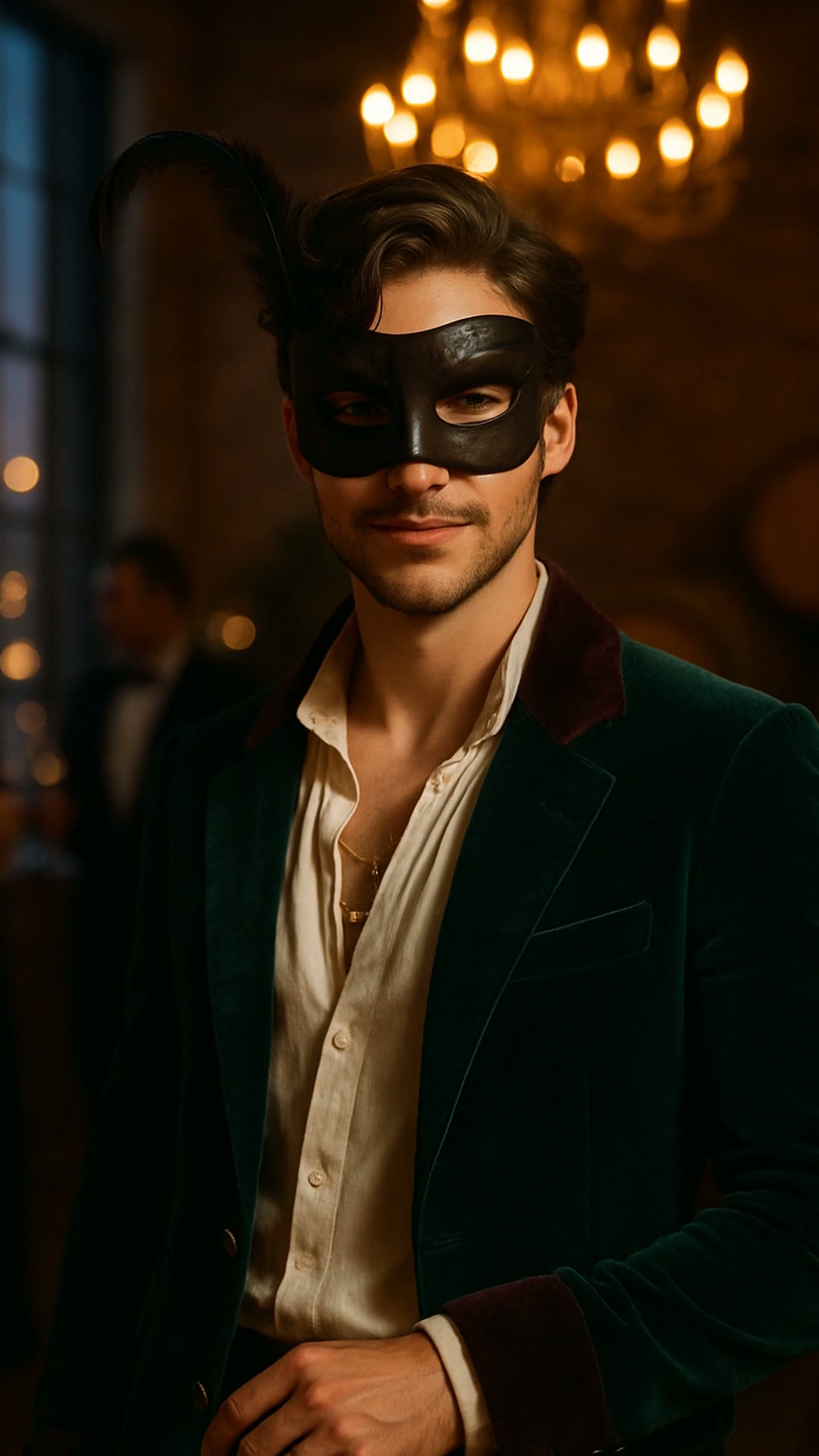 A man in a green velvet jacket with a black leather eye mask