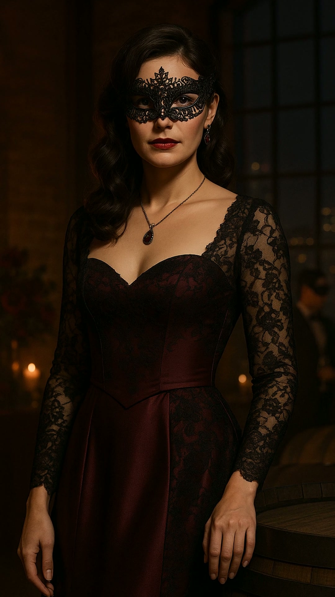 A woman in a black lace gown with a black lace mask